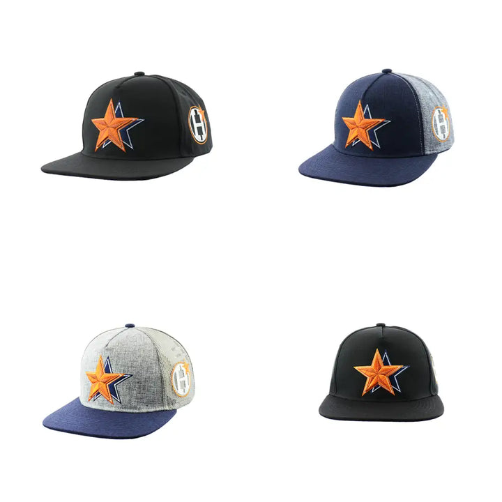 Four different color variations of a snapback hat, each featuring an orange star design on the front and an 'H' logo on the side, displayed against a white background.