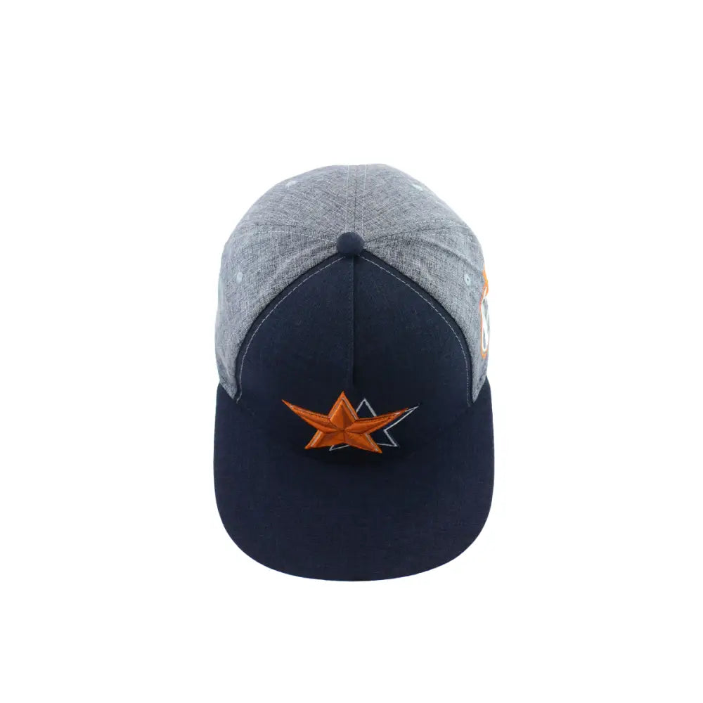 Front view of a two-tone snapback hat featuring a dark blue brim and front panels, with a light grey crown, adorned with an embroidered orange star design.