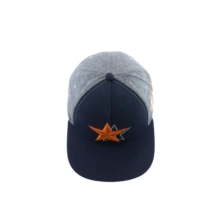 Front view of a two-tone snapback hat featuring a dark blue brim and front panels, with a light grey crown, adorned with an embroidered orange star design.