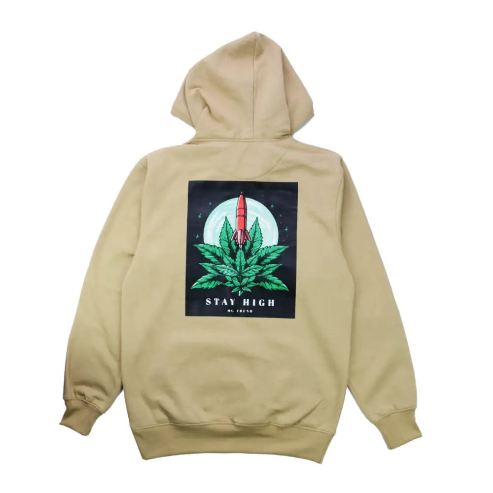 Back view of a light tan hoodie featuring a graphic print of a red rocket launching from a cannabis leaf, with a light blue moon and stars in the background, and the text 'STAY HIGH' below.