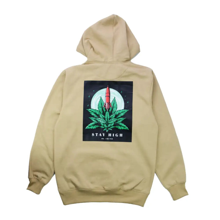 Back view of a tan hoodie featuring a large graphic print of a red rocket launching from a cannabis leaf against a dark sky with a light blue moon, isolated on a white background.
