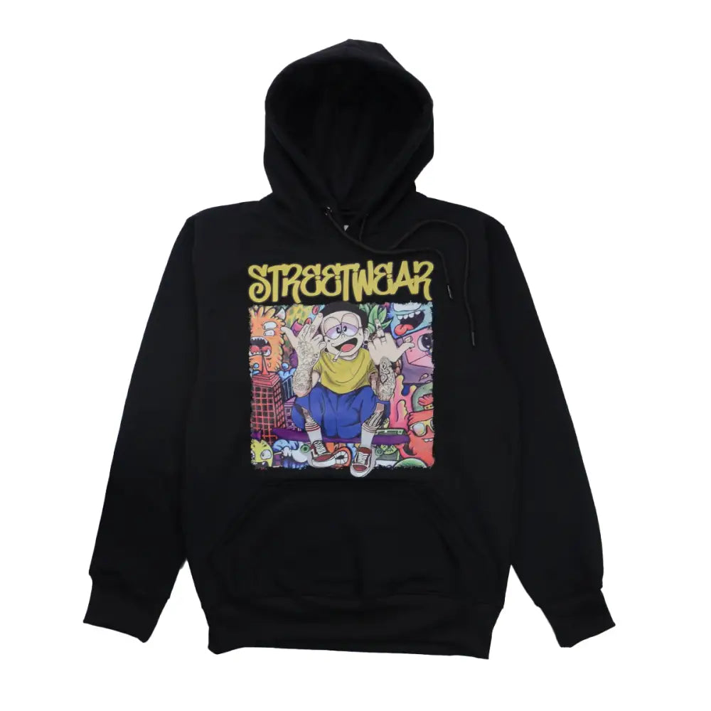 Black hoodie featuring a vibrant, colorful cartoon graphic print on the front with 'STREETWEAR' text above it.