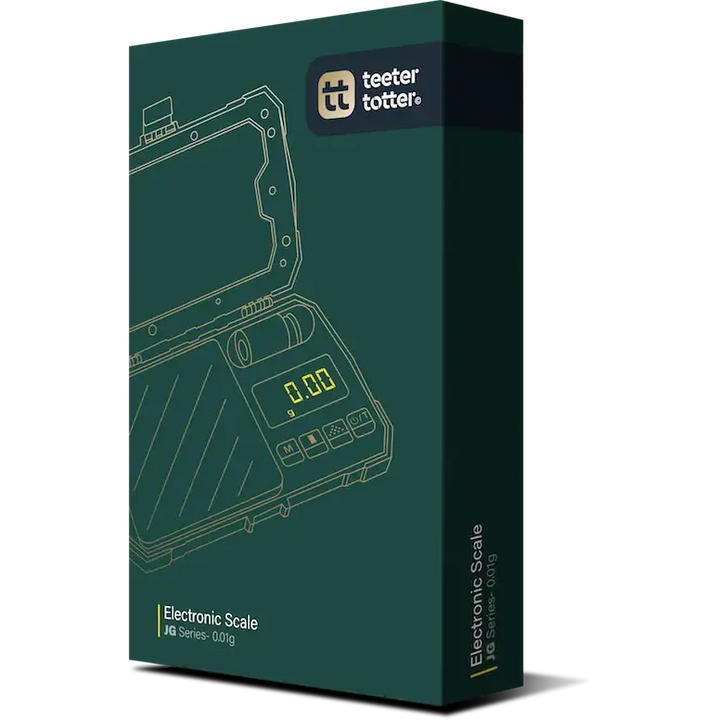 A dark green rectangular product box for an electronic scale, featuring a gold outline illustration of the scale and the 'teeter totter' brand logo at the top. This is a packaging shot.