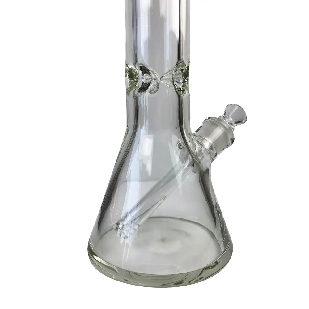 Close-up of the mid-section and beaker base of a clear glass water pipe, showing the integrated diffused downstem and ice pinch.