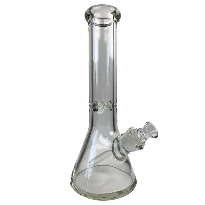 A clear glass water pipe with a wide beaker-shaped base and a straight neck, featuring a removable downstem and ice pinches.