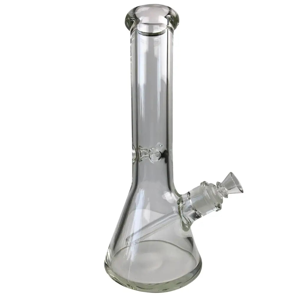 Clear glass beaker base water pipe with a straight neck, featuring a diffused downstem and a removable glass bowl, presented on a plain white background.