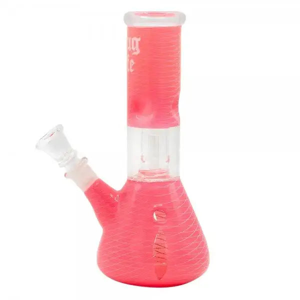 A vibrant pink glass water pipe with a beaker base and straight neck, featuring a subtle geometric pattern and 'Thug Life' text on the neck, shown against a white background.