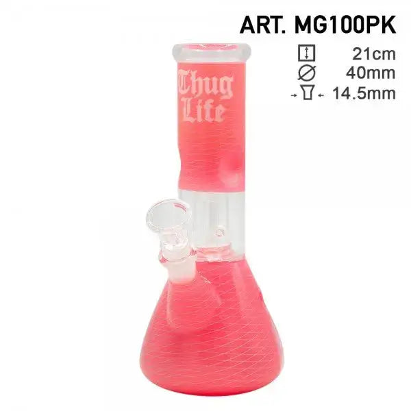 Studio shot of a pink and clear glass water pipe with 'Thug Life' text on the neck and a geometric pattern on the base.
