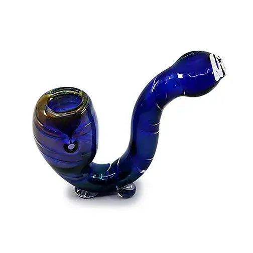 A dark blue, twisted glass hand pipe with a bowl on one end and a mouthpiece on the other, resting on a white background.