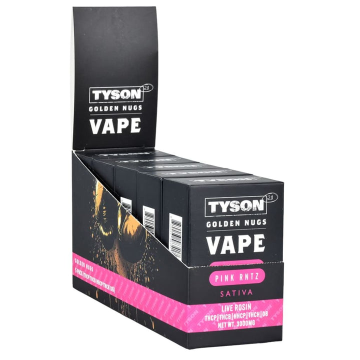 A black display box filled with multiple individual black boxes of Tyson 2.0 Golden Nugs Live Rosin disposable vapes, featuring pink branding accents and text like 'PINK RNTZ SATIVA' and 'NET WT. 3000MG' on the front.