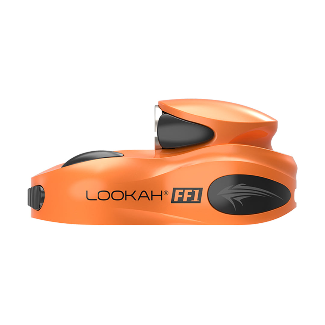 Side view of an orange and black Lookah FF1 510 cartridge vape battery, showcasing its compact, rounded design and branding on a white background.