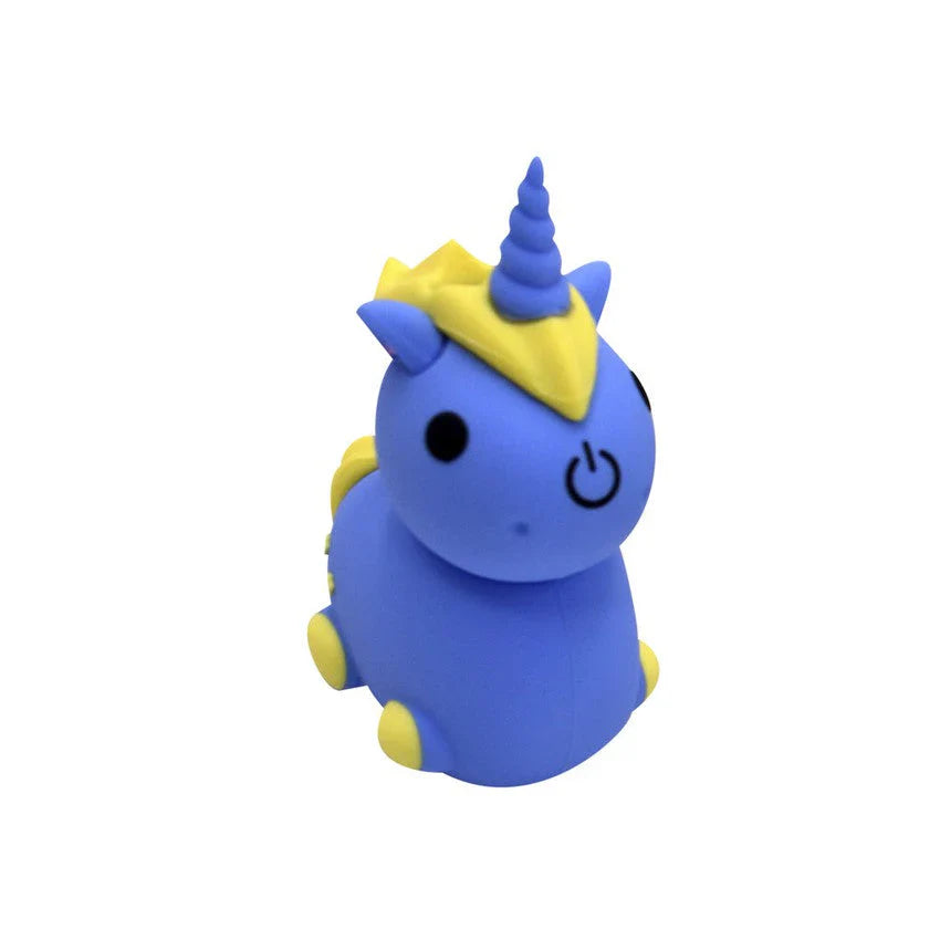 A blue and yellow unicorn-shaped 510 cartridge battery, featuring a power symbol on its face, presented in a front-facing view.