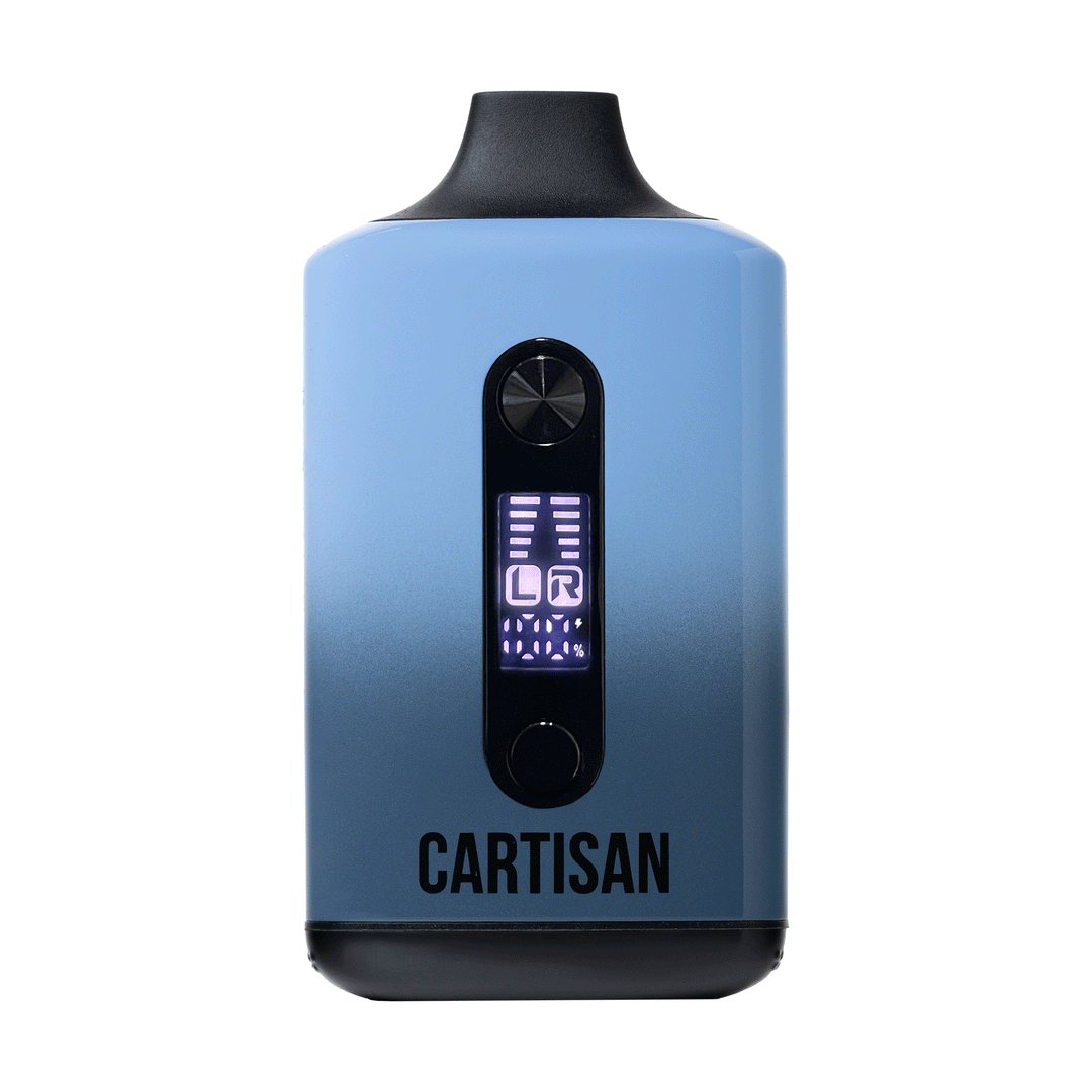 Close-up view of a blue and black vaporizer, showing its digital screen displaying battery and cartridge information, and the 'CARTISAN' logo at the bottom.