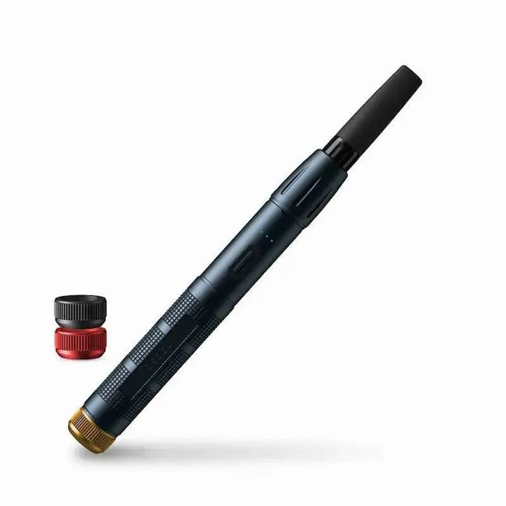 A dark blue pen-like vaporizer battery with a black mouthpiece and a gold-colored base, shown alongside two small, stacked caps in red and black.