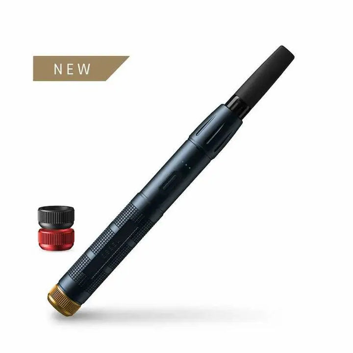 A dark blue pen-style vaporizer with a gold-colored base and black mouthpiece, shown alongside two small, ribbed caps in black and red, with a 'NEW' tag.