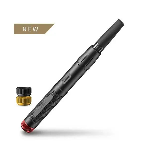 A black vaporizer pen with a textured grip and red base, shown alongside a separate gold and black accessory, against a white background with a 'NEW' tag.