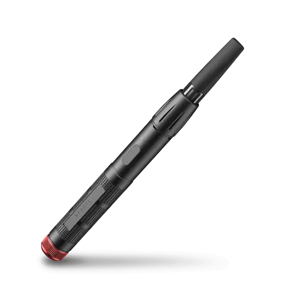 A sleek, black pen-style vaporizer with a textured grip and a red accent at the base, shown at an angle against a dark background.