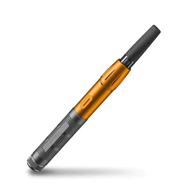 Full view of an orange and dark gray pen-style vaporizer with textured grip and branding, shown against a white background.