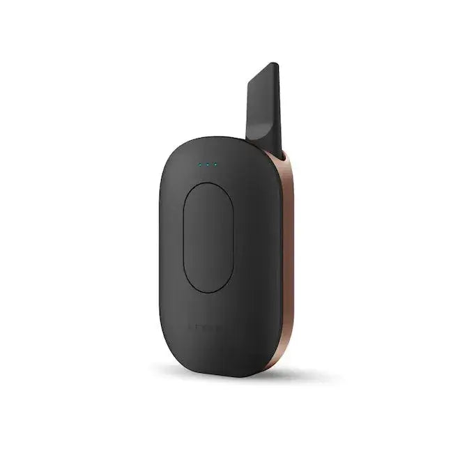 Image #11 shows a sleek, black and rose gold vaporizer cartridge battery, viewed from a slight angle, highlighting its oval body, integrated mouthpiece, and small green indicator lights on a clean white background.