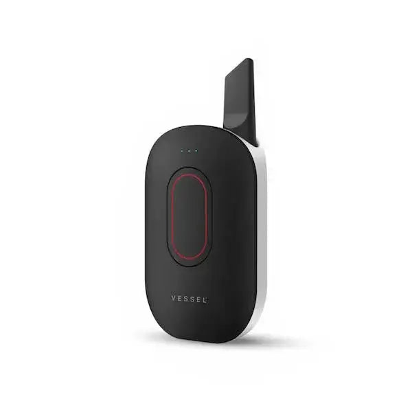 A sleek, black and white oval-shaped vaporizer battery with a red accent ring and 'VESSEL' logo, shown from a slight angle.