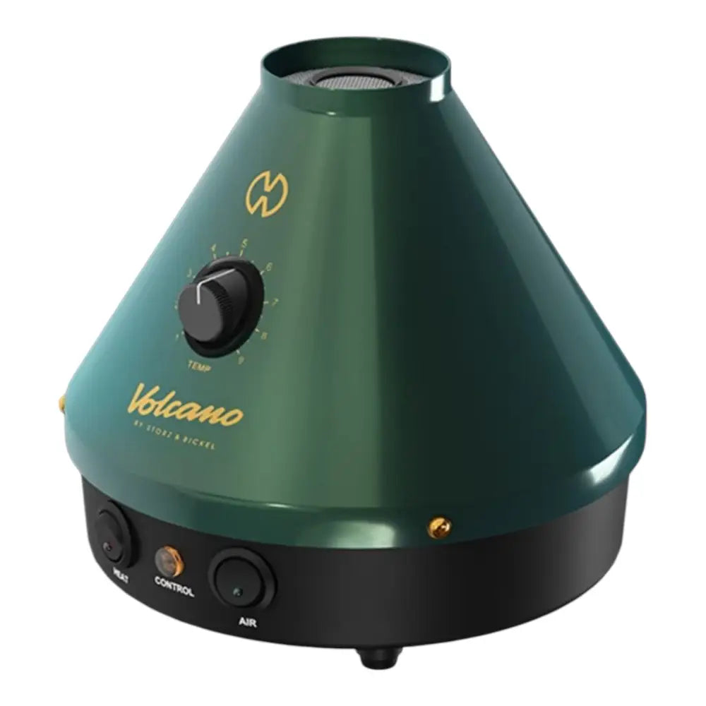 A green conical desktop vaporizer with a black base, gold lettering, and a temperature control dial on a white background.