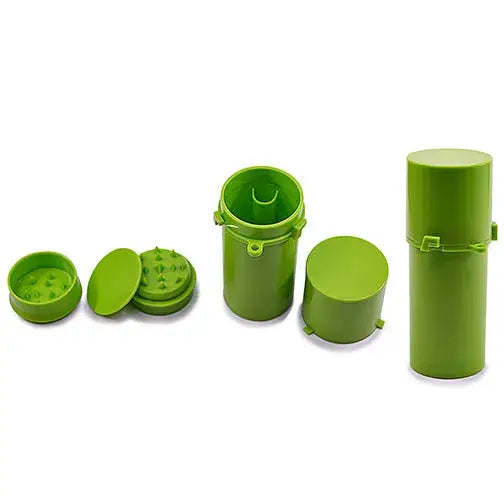 A green plastic herb grinder and a matching storage container shown in various stages of assembly and disassembly, arranged horizontally on a white background.