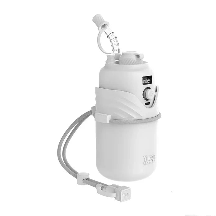 Two closed folding knives, one red and one blue, laid side-by-side on a white surface, showcasing their handles with gun and skull designs.