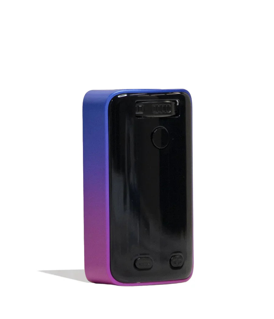 Angled view of a rectangular vaporizer battery, showing its blue to purple gradient casing and black front panel with a screen and control buttons.