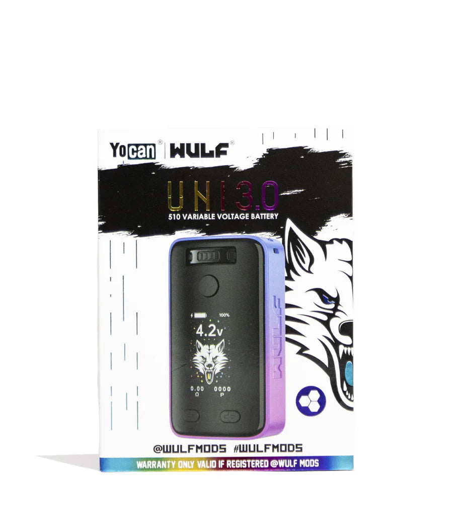 Product packaging for a black and purple vaporizer battery, featuring a wolf head graphic and 'Yocan WULF UNI 3.0' branding on a white and black box.