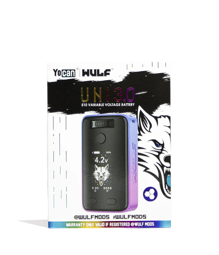 Product packaging for a black and purple vaporizer battery, featuring a wolf head graphic and 'Yocan WULF UNI 3.0' branding on a white and black box.
