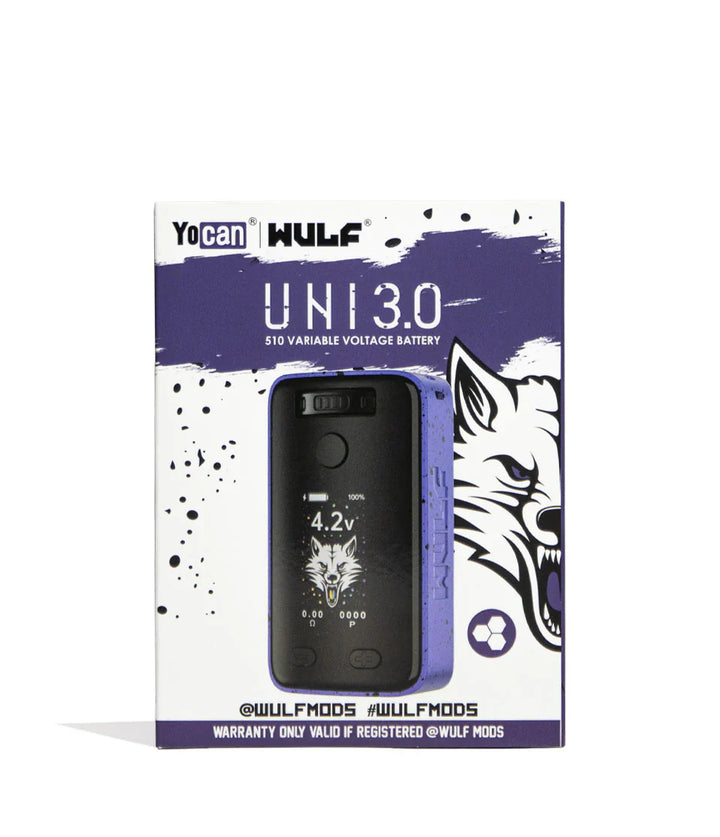 Product packaging for a Wulf UNI 3.0 universal cartridge battery, featuring a purple and white design with a wolf graphic and the black and purple device.