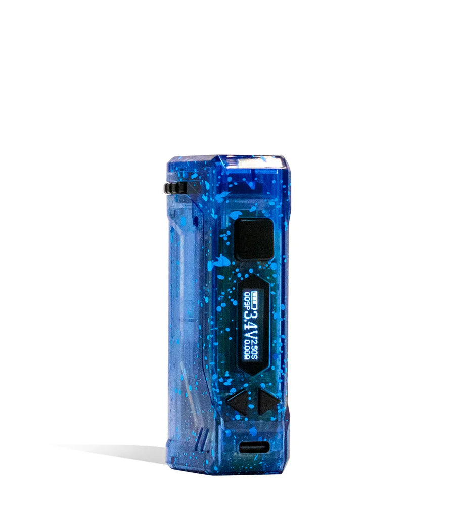 A translucent blue vape device with black speckles and a digital screen displaying settings, standing upright on a white background.