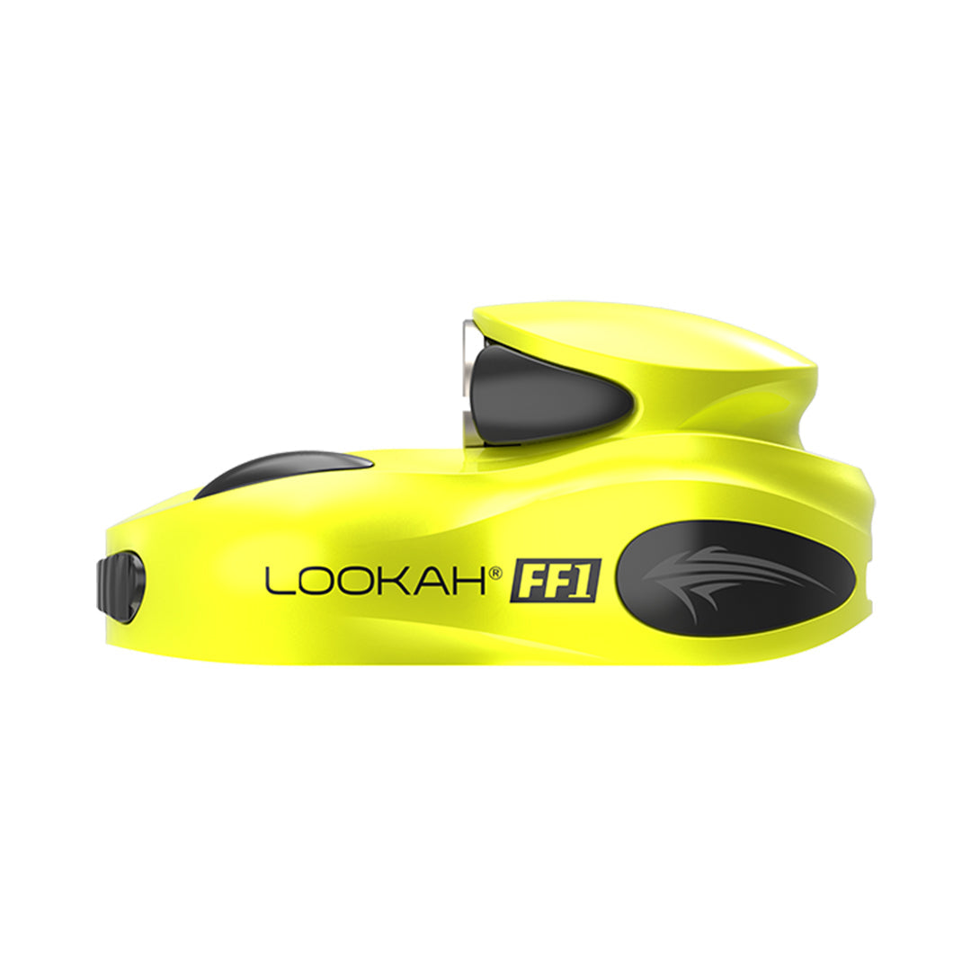 A bright yellow, streamlined vape battery with black accents and 'LOOKAH FF1' branding on its side, shown from a slightly elevated side angle against a white background.