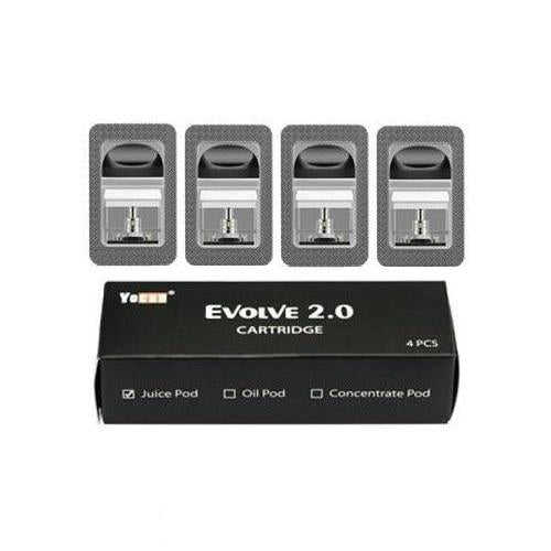 Four individual Yocan Evolve 2.0 vaporizer cartridges are displayed above their black retail packaging box, which indicates it's a 4-pack for juice, oil, and concentrate pods.