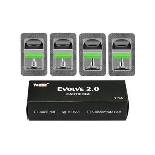 Four individual vaporizer pods with green accents are displayed above a black retail box for Yocan Evolve 2.0 Cartridges, indicating a 4-pack.