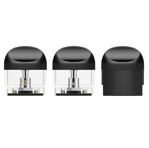 Three black and clear vape pod cartridges displayed against a white background, showing different angles and internal components.