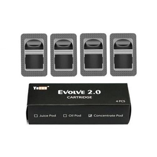 Four gray and black vaporizer cartridges are displayed above a black box labeled 'Yocan Evolve 2.0 Cartridge 4 PCS', indicating options for juice, oil, and concentrate pods.