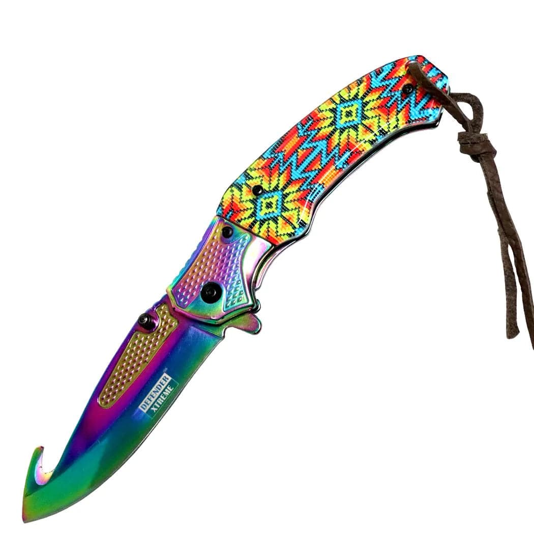 Defender Xtreme 8″ Folding Knife Rainbow Blade w/ Designer Handle_5