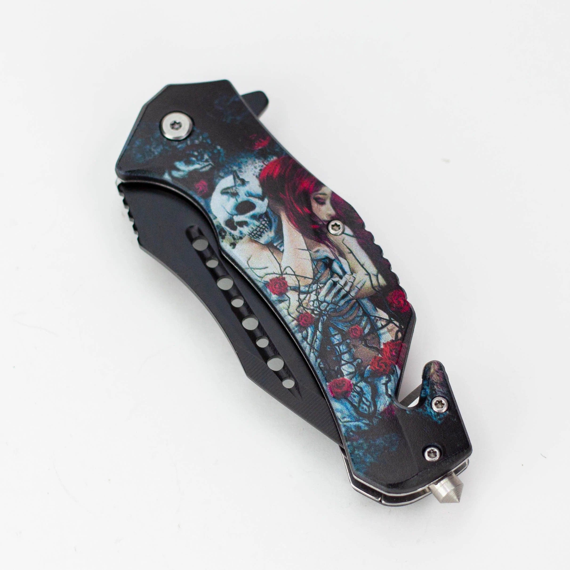 Defender Xtreme 8.5″ Glass Breaker Lady & Skull Folding Knife_1