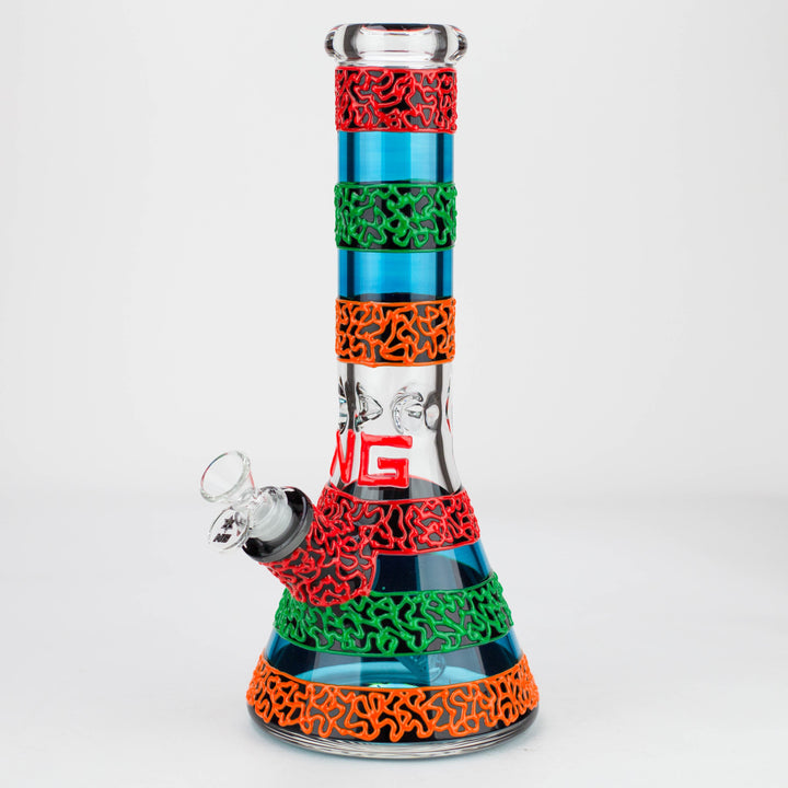 Full product shot of a blue glass beaker bong with red, green, and orange squiggly patterned silicone accents, featuring an 'NG' logo on the neck.