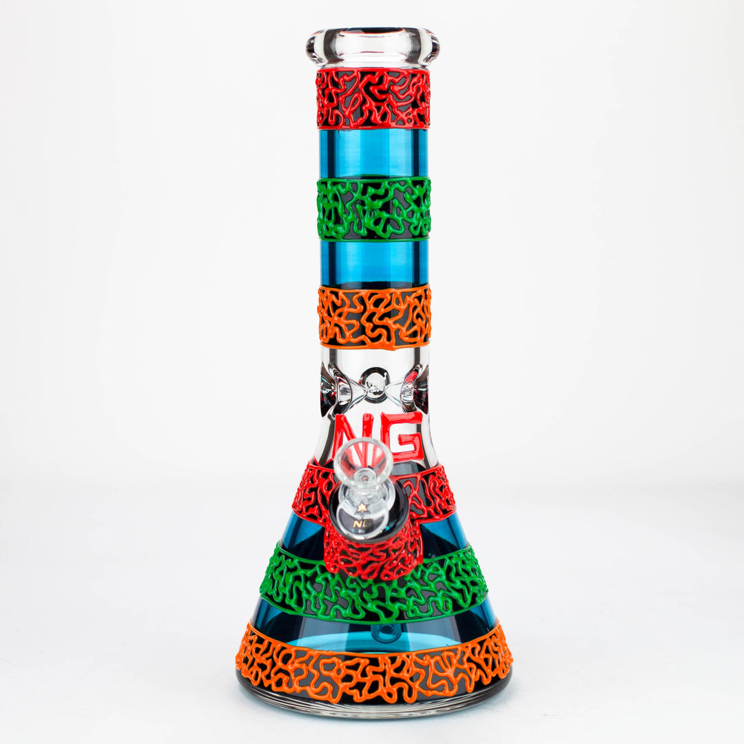 Full front view of a clear glass beaker bong with blue accents and vibrant red, green, and orange squiggly textured silicone sleeves, featuring an 'NG' logo.