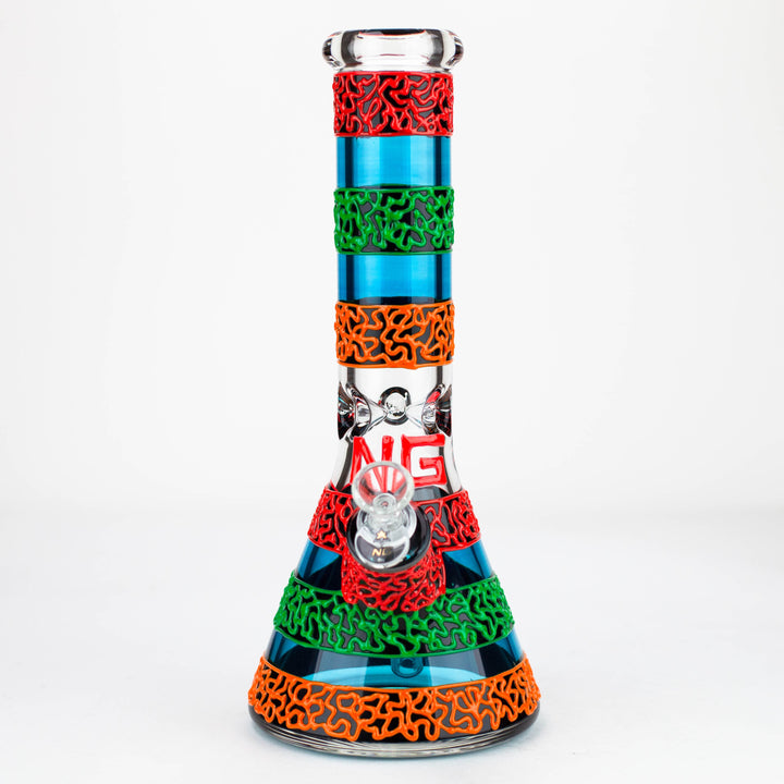 Full front view of a clear glass beaker bong with blue accents and vibrant red, green, and orange squiggly textured silicone sleeves, featuring an 'NG' logo.