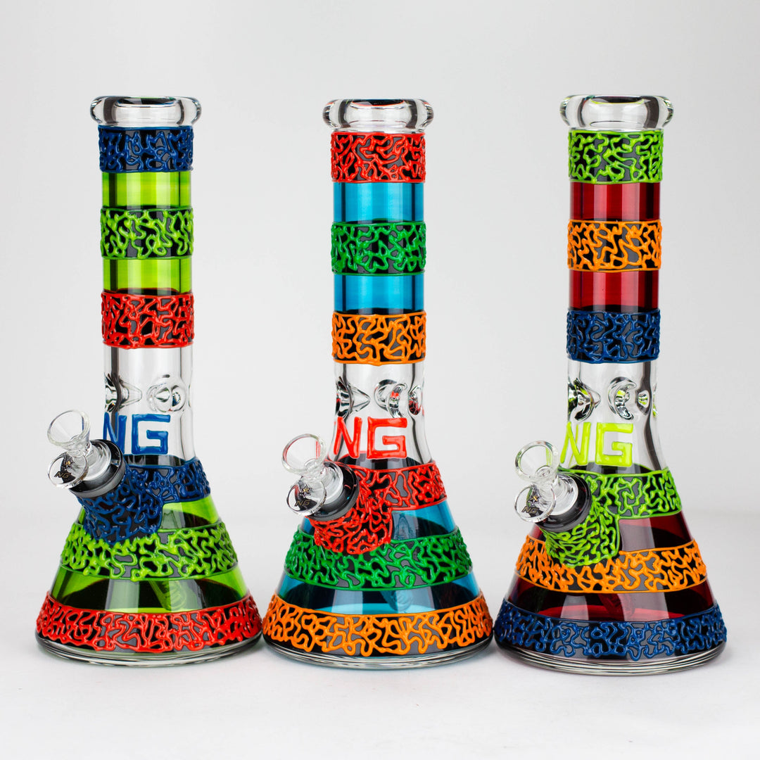 Three colorful glass beaker bongs with vibrant striped patterns and swirling glow-in-the-dark designs, each featuring an 'NG' logo.