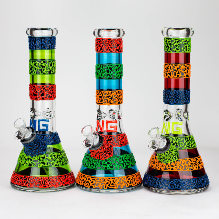 Three colorful glass beaker bongs with vibrant striped patterns and swirling glow-in-the-dark designs, each featuring an 'NG' logo.
