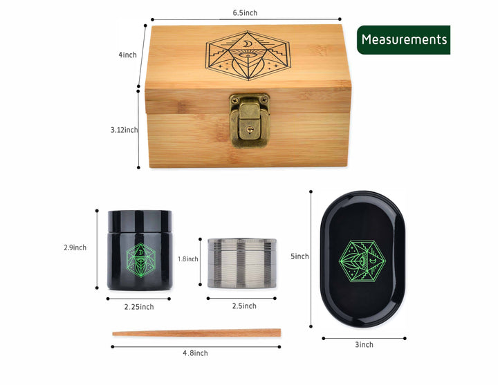 Vintage Stash Box Bundle - Ancient Symbol Design - Grinder - Rolling Tray - Airtight & UV Protecting Glass Jar - Accessory Gift Kit - Secure Storage Box - Lock & Key - Leaf-Way Brand Accessories