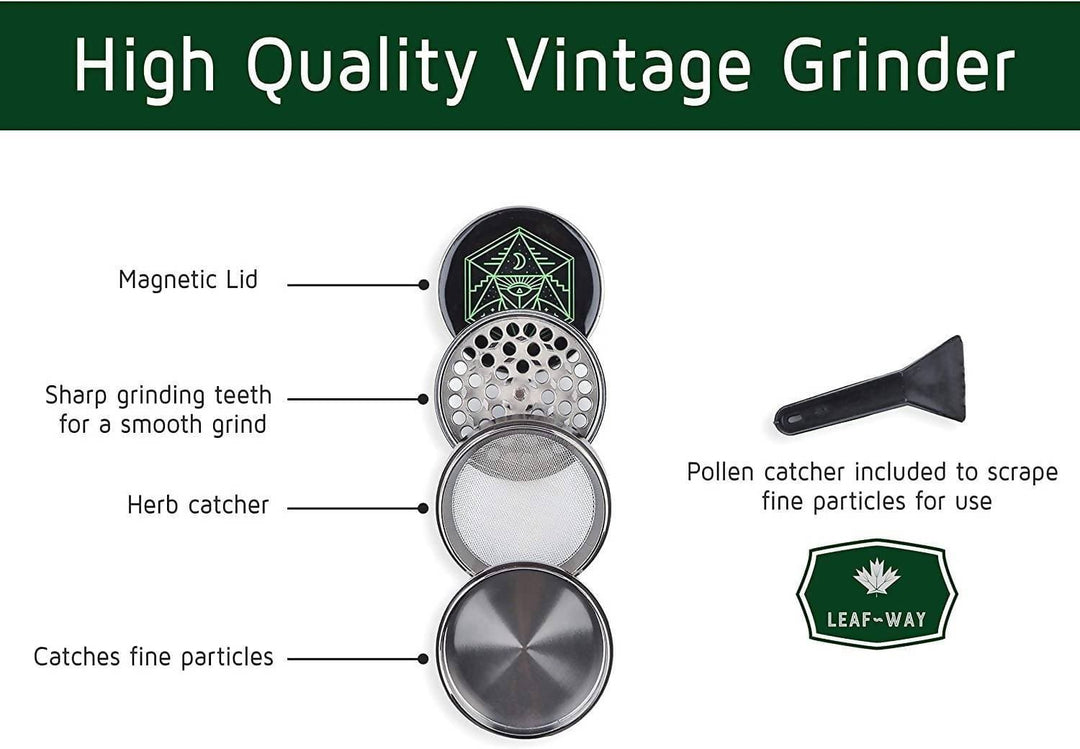 Spice grinder (2.5 inch), 4 part, vintage, ancient symbol design, magnetic lid, durable zinc alloy, pollen catcher - leaf-way brand accessories 6.3 cm_2