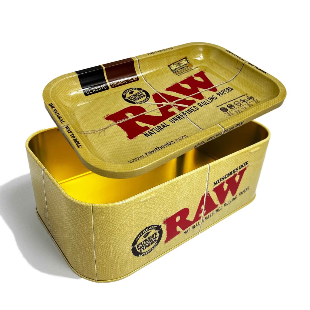 Raw Munchies Box With Raw Rolling Tray On Top