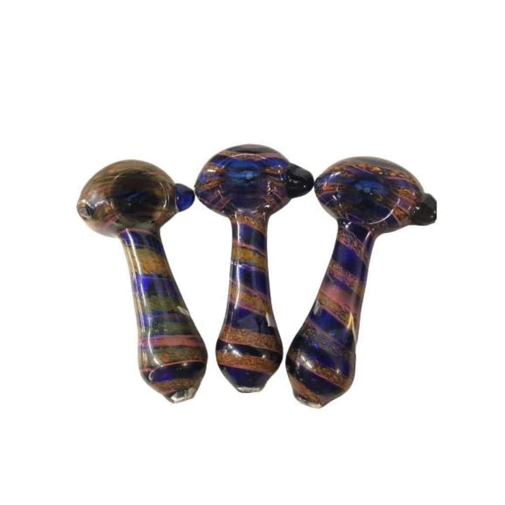 Three small glass hand pipes with swirled patterns of dark blue, purple, and gold colors, arranged on a white background.