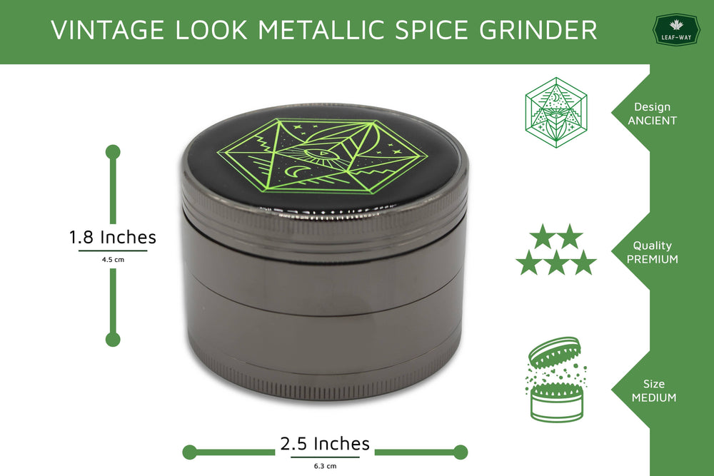 Spice grinder (2.5 inch), 4 part, vintage, ancient symbol design, magnetic lid, durable zinc alloy, pollen catcher - leaf-way brand accessories 6.3 cm_1